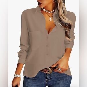 AISEW Button Down Shirt, Long/Sleeve Collared Blouse, Color Khaki, Large